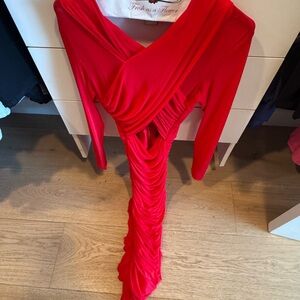Bardot Red Long Sleeve Ruched Wrap Dress